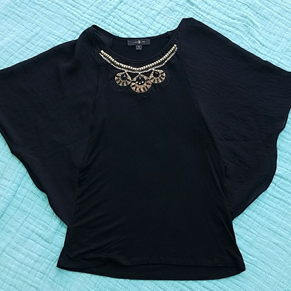 Black Flutter Sleeve Embellished Top by Time Line